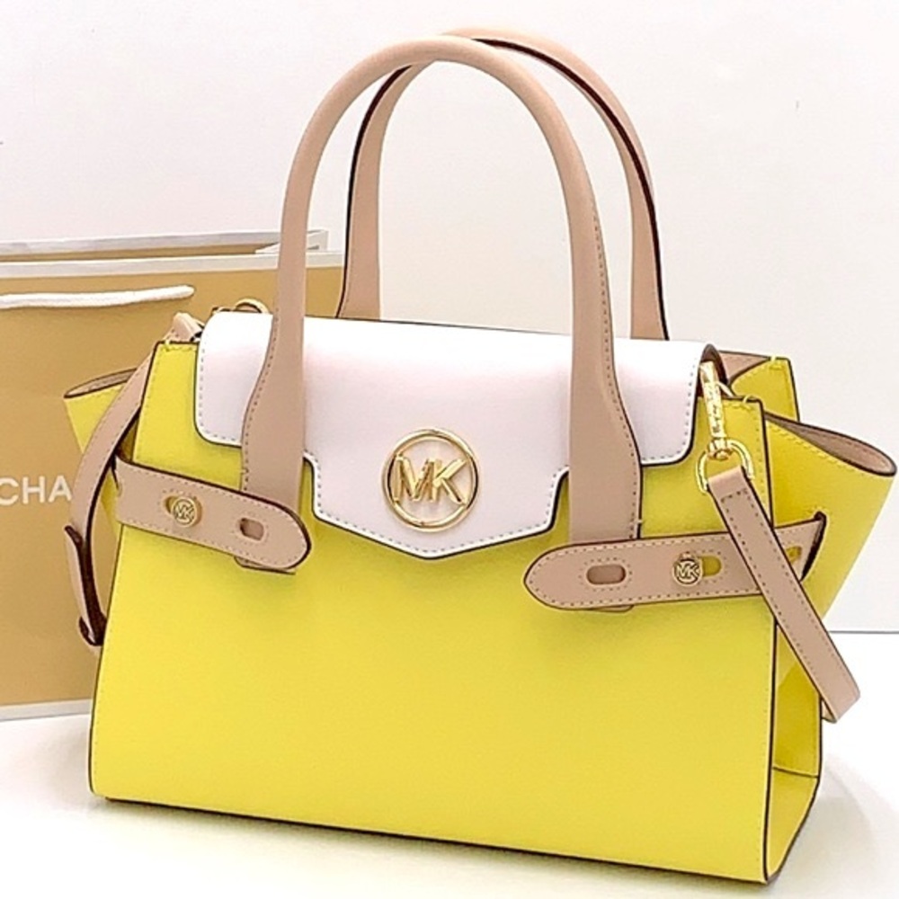 MICHAEL KOR Carmen Medium Color-Block Faux Saffiano Leather Belted Satchel